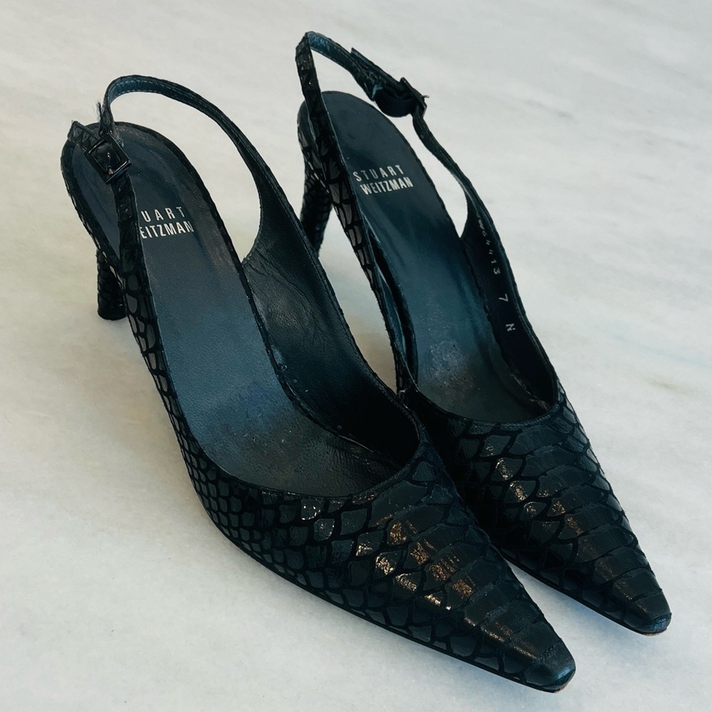 Stuart Weitzman Black Textured Snake Skin Slingback Pointed Heels Size 7 Narrow